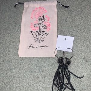 Free people black leather strands and silver hardware heart tassel earrings